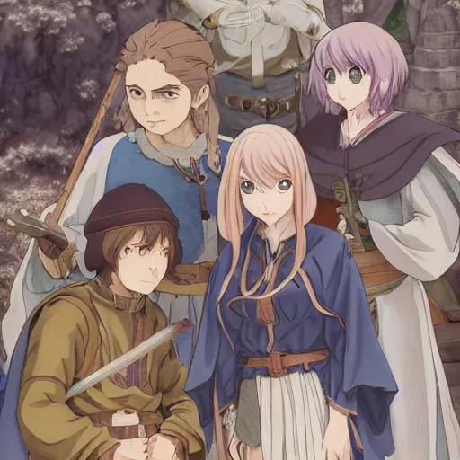 Image similar to A small group of medieval fantasy characters, movie, digital art, 8k, character, realistic, portrait, photorealism, japan watercolour, masterpiece art, manga and anime, official Kyoto Animation and Studio Ghibli anime screenshot, by Range Murata and Makoto Shinkai