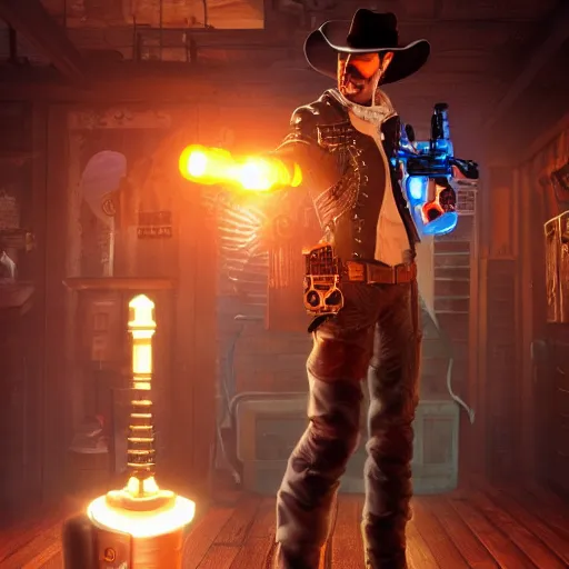 Image similar to a futuristic cowboy holding a glowing revolver in a steampunk themed bar, unreal engine fantasy art, trending on artstation, digital art, beautiful composition