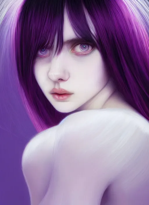 Image similar to hair whitebangs hair, black hair, whitebangs, portrait of teenage girl with white bangs, red irises, purple clothes, white bangs, bangs are different color from hair, intricate, elegant, glowing lights, highly detailed, digital painting, artstation, concept art, smooth, sharp focus, illustration, art by wlop, mars ravelo and greg rutkowski