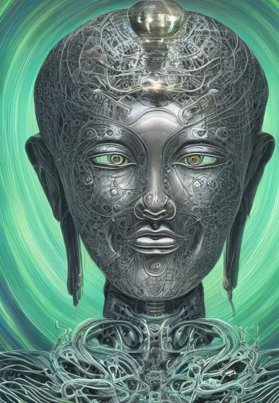 Image similar to perfectly centered portrait, front view of a beautiful biomechanical alien android robot buddha, female, flowing hair, intense stare, sarcastic smile, symmetrical, concept art, intricate detail, volumetric shadows and lighting, realistic oil painting by alex grey and gustave dore,