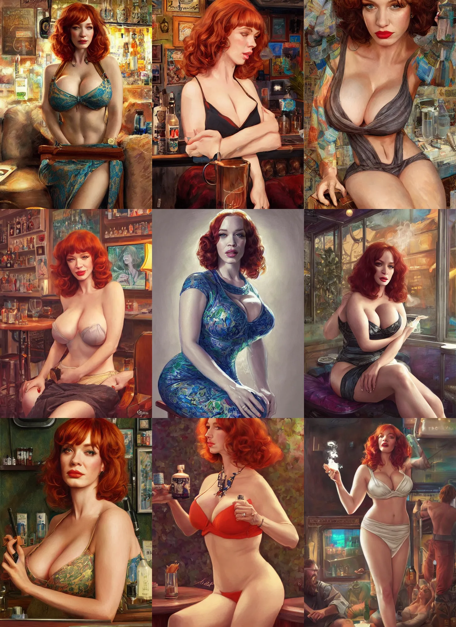 Prompt: portrait of muscled Christina Hendricks as a 1960s hippy relaxing in a smoke filled bar lounge, elegant, highly detailed, short focus, illustration, Artstation, Artgerm, Donato Giancola and Joseph Christian Leyendecker