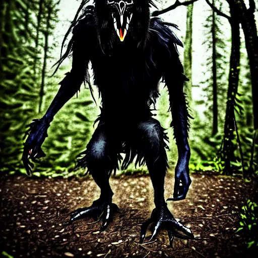 Image similar to werecreature consisting of a human and crow, photograph captured in a forest