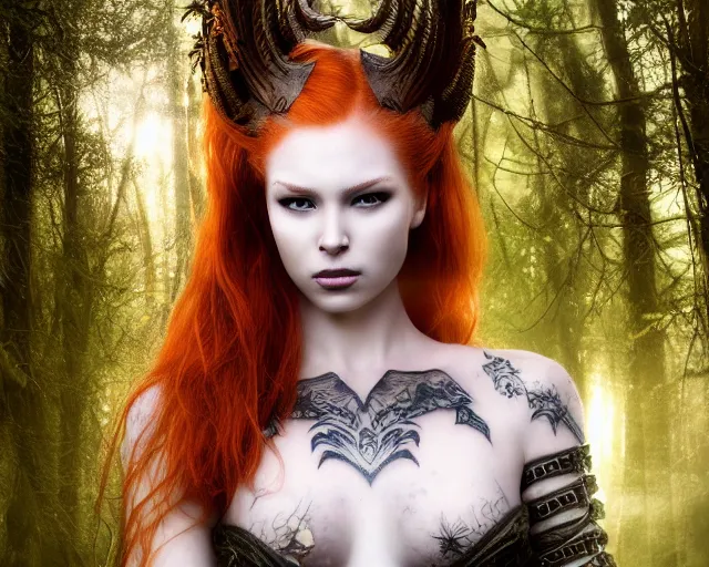 Prompt: 5 5 mm portrait photo of an armored gorgeous anesthetic redhead woman warrior with a face tattoo and horns growing from her head, in a magical forest. by luis royo and stephan kostic. highly detailed 8 k. intricate. lifelike. soft light. nikon d 8 5 0. cinematic post - processing