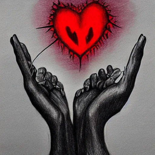 Image similar to drawing of hands ripping a heart into pieces, sadness, dark ambiance, concept by Godfrey Blow, featured on deviantart, sots art, lyco art, artwork, photoillustration, poster art