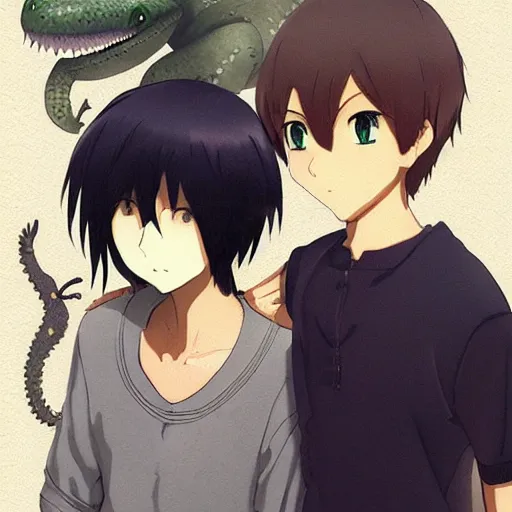 Prompt: anime drawing of a boy and his lizard friend, cute, finely detailed, trending on pixiv fanbox, art by makoto shinkai, artgerm, studii ghibli.