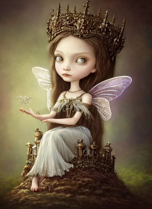 Image similar to highly detailed closeup, portrait of a gothic fairy princess wearing a crown and sitting on a throne, simple hands with straight fingers, unreal engine, nicoletta ceccoli, mark ryden, earl norem, lostfish, global illumination, detailed and intricate environment