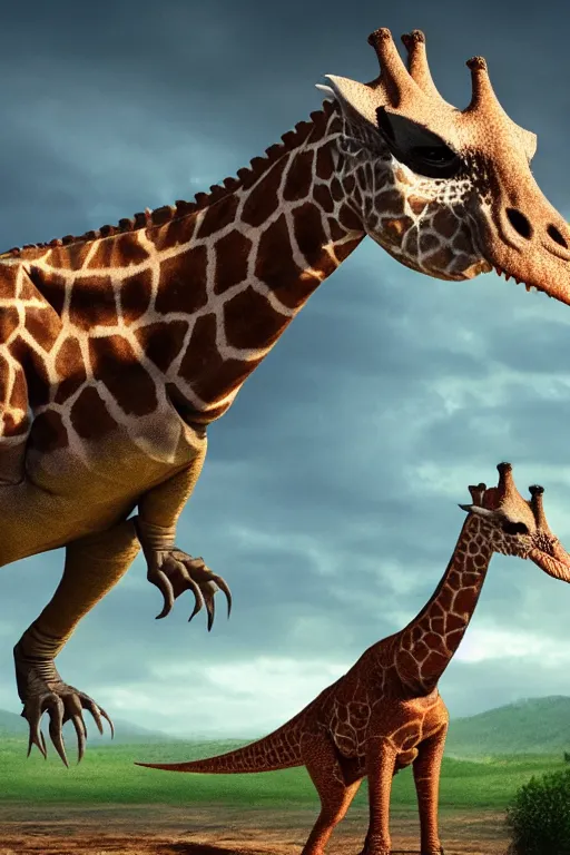 Image similar to a matte painting of a T-Rex with a head of a giraffe, the T-Rex has wings, the T-Rex has a little child, very detailed, 8k