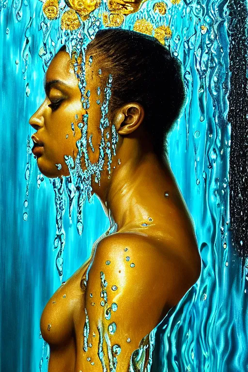 Image similar to hyperrealistic precisionist cinematic profile very expressive! oshun goddess, in water! john everett millais, mirror dripping droplet!, gold flowers, highly detailed face, digital art masterpiece, smooth eric zener cam de leon, dramatic pearlescent turquoise light on one side, low angle uhd 8 k, shallow depth of field