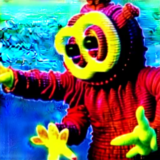 Image similar to rusted barnacle covered teletubby at the bottom of the ocean