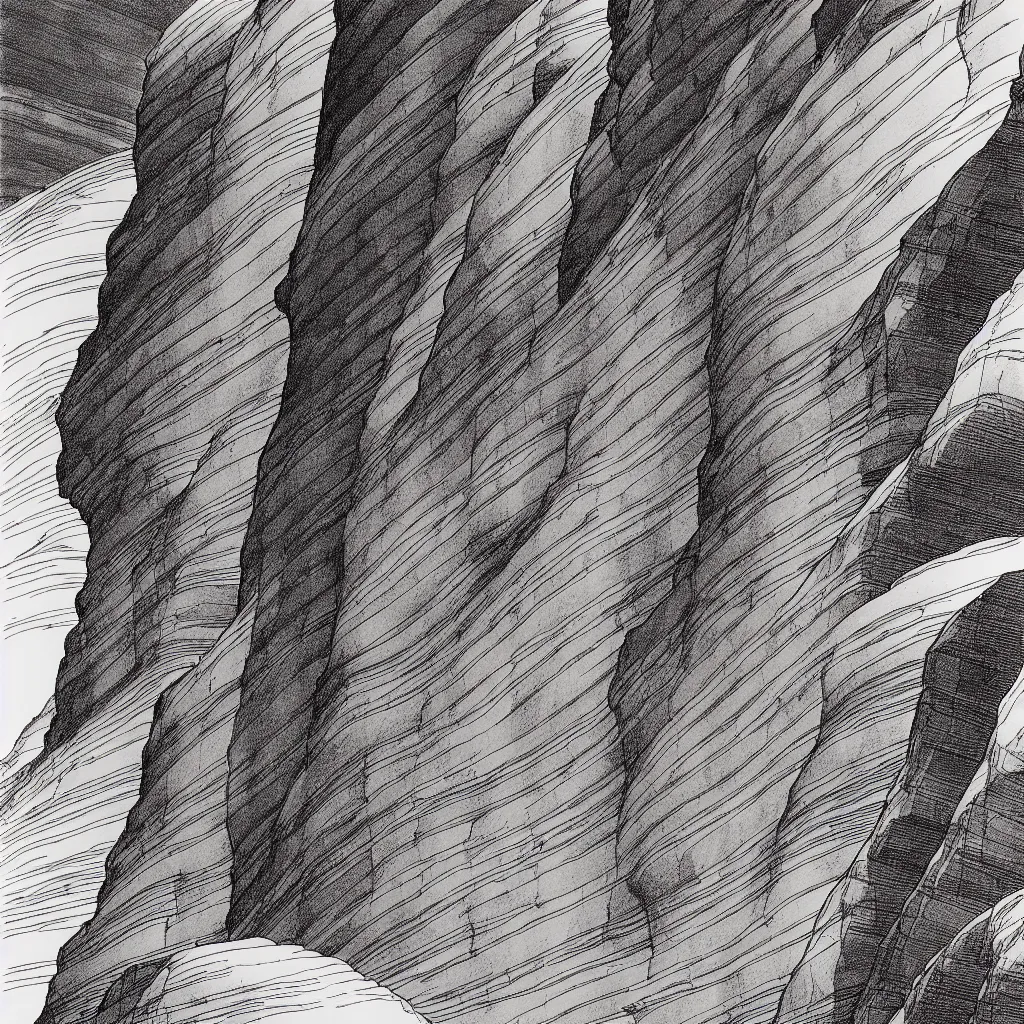 Image similar to slot canyons by moebius, minimalist ink drawing with long lines