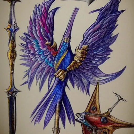 Image similar to medieval weapon, long spear made of multicoloured feathered wings, prismatic, detailed drawing, magic the gathering, white background