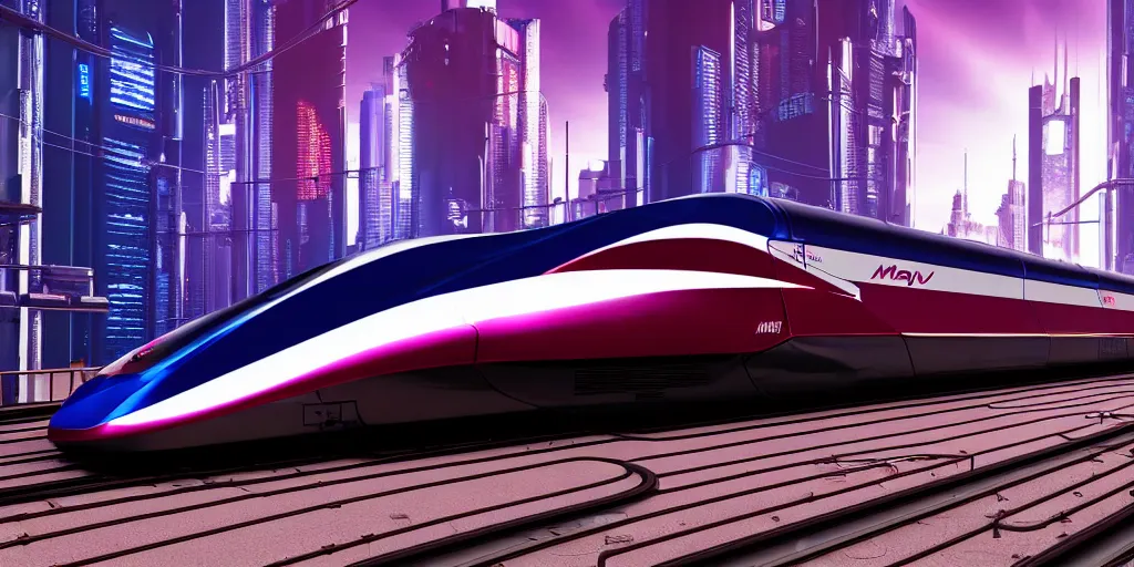 Prompt: a cyberpunk maglev train riding though futuristic station, futuristic cityscape in background, gorgeous lighting and metallic reflection, maroon and blue accents, 8k, large scale, high detail, side profile