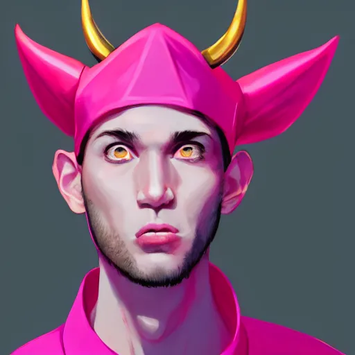 Image similar to a young man with hot pink skin, horns, a rat on his shoulder, tinfoil hat, full plate, short dark hair, exasperated, character art, full body art, dungeons and dragons, d & d, trending on artstation, artgerm, 4 k ultra hd, sharp focus, digital art by ilya kuvshinov and ross tran