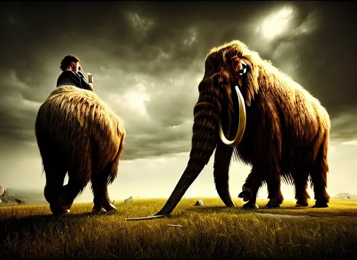 Image similar to hyperrealism, detailed textures, photorealistic, 3 d render, a surreal mystical wooly mammoth grazing, ultra realistic cinematic, intricate, cinematic light, concept art, illustration, art station, unreal engine