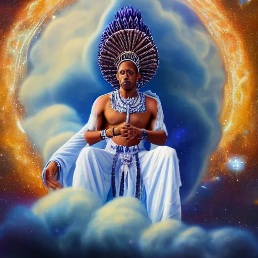 Image similar to obatala the cosmic god sitting on a throne of nebula clouds, by Adi Granov and amanda sage, matte painting, orisha, 8k, hd