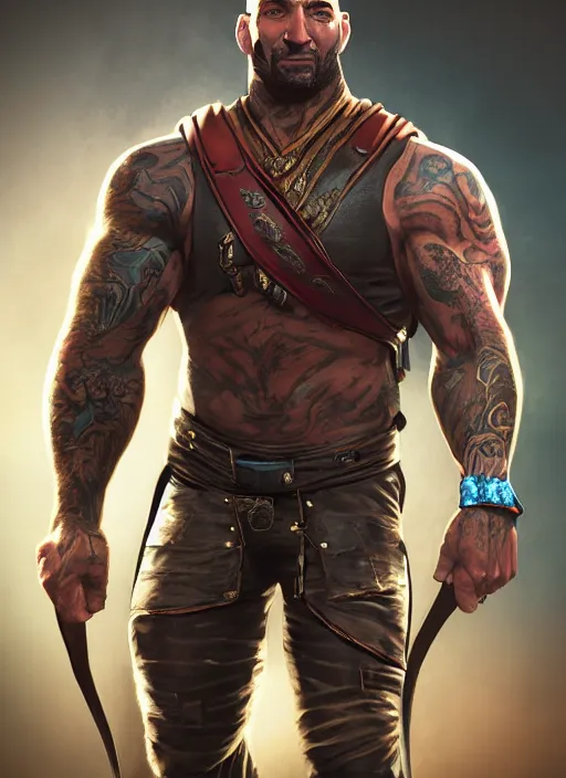 Image similar to A fantasy comic book style portrait painting of Dave Bautista as a archer, unreal 5, DAZ, hyperrealistic, octane render, RPG portrait, dynamic lighting