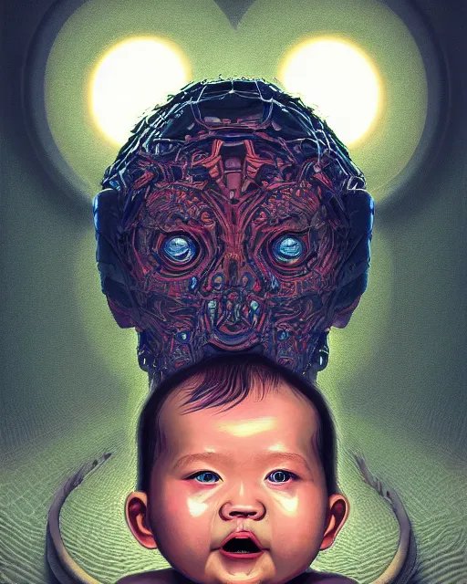 Image similar to portrait of a baby with six arms, monster, intricate artwork. by Tooth Wu, wlop, beeple, dan mumford. mulholland drive by david lynch, dune by david lynch, octane render, trending on artstation, greg rutkowski very coherent symmetrical artwork. cinematic, hyper realism, high detail, octane render, 8k, iridescent accents