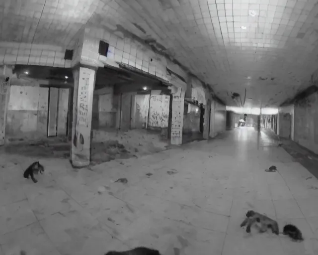 Prompt: camera footage of a Several Aggressive Feral Black Wolves with severe late stage rabies Chasing a young woman in an abandoned shopping mall, high exposure, dark, monochrome, camera, grainy, CCTV, security camera footage, timestamp, zoomed in, Creepy, Feral, fish-eye lens, Rabid, Dire Wolf, Nightmare Fuel, Wolf, Evil, Bite, Motion Blur, horrifying, lunging at camera :4