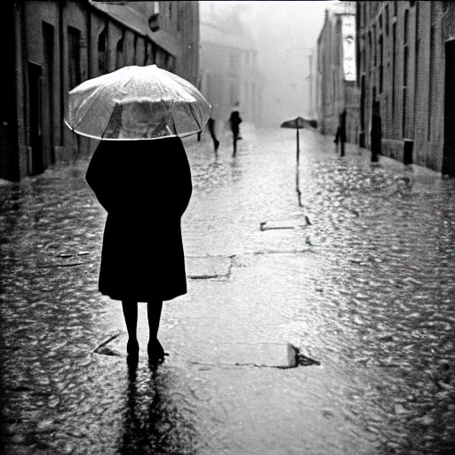 Prompt: fine art photograph of a woman waiting for the rain to stop, rainy flagstone cobblestone street, by henri cartier - bresson