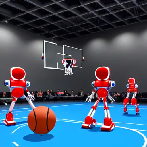 Prompt: Robots playing basketball in a gym:: photorealistic:: 4K