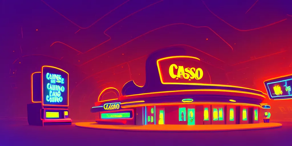 Image similar to minimalistic extreme wide angle curved perspective digital art of indoor casino with a stage pale colors by anton fadeev from nightmare before christmas