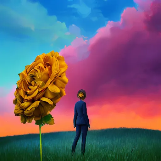 Image similar to closeup, giant rose flower head, frontal, girl in a suit, surreal photography, sunrise, blue sky, dramatic light, impressionist painting, digital painting, artstation, simon stalenhag