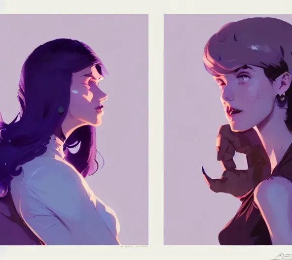 Image similar to portrait violet and caitlyn, arcane, by atey ghailan, by greg rutkowski, by greg tocchini, by james gilleard, by joe fenton, by kaethe butcher, dynamic lighting, gradient light blue, brown, blonde cream and white color scheme, grunge aesthetic