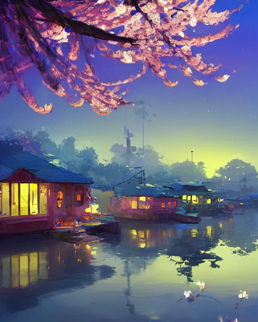 Image similar to a village of houseboats on the river | cherry - blossoms | highly detailed | very intricate | serene romantic fantasy whimsical magical | professional cinematic lighting | bokeh | dusk | studio ghibli | award - winning | matte painting by anton fadeev and paul lehr and rhads and alena aenami | pastel color palette | featured on artstation