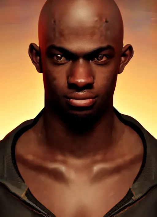 Image similar to An epic fantasy comic book style portrait painting of a young dark skinned thief with broad shoulders and a bald head in a vest, unreal 5, DAZ, hyperrealistic, octane render, cosplay, RPG portrait, dynamic lighting