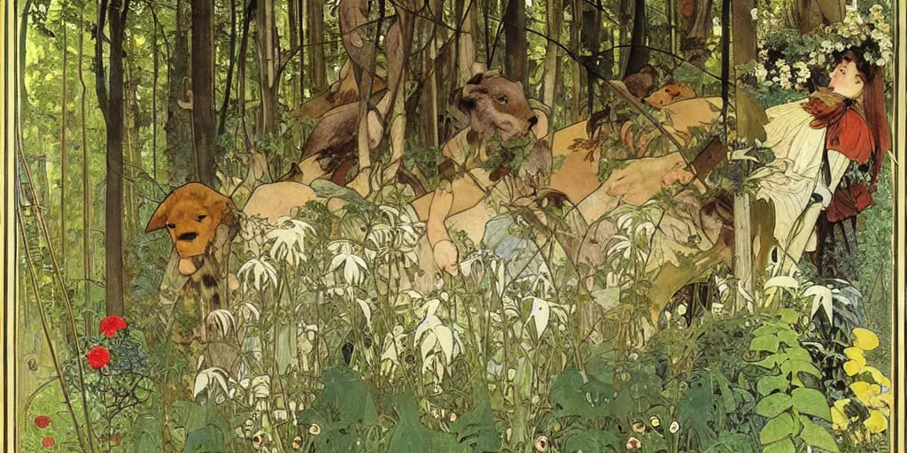 Image similar to a beautiful painting of wild animals in the woods with vines and ferns and flowers, painted by carl larsson and alphonse mucha