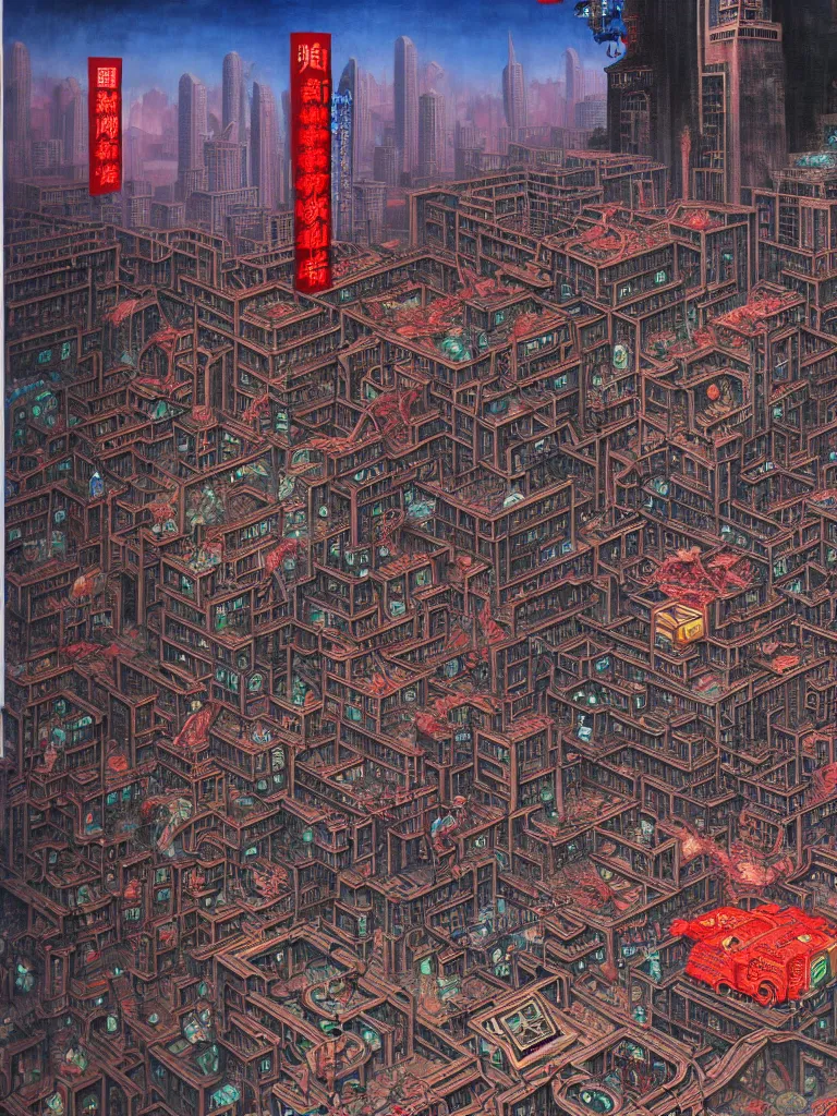 Image similar to realistic detailed image of Horror Machine Consuming A city by Hou Yimin, Dan Howard, Allan Houser, Alice Hunt and Peter Hurd, Neo-Pagan, rich deep colors. Painting by Byun Shi Ji and Jiang Feng masterpiece