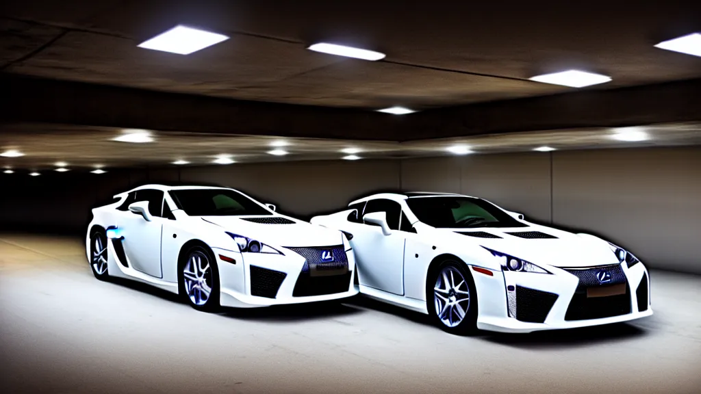 Image similar to a three quarter shot of a lexus lfa in a parking garage, 4k, hyper realistic, car photography