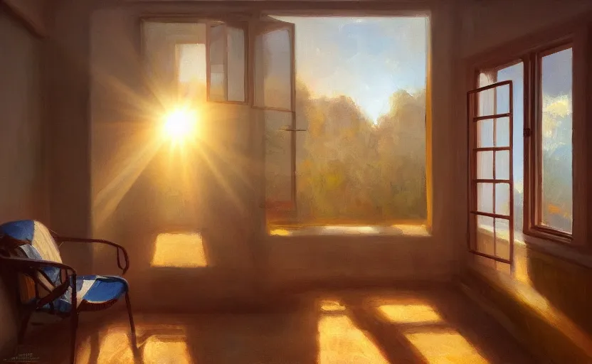 Image similar to rays of the morning sun shining through the window of the village house. very beautiful, clear sky, warm shiny colors, oil painting, high detail, trending on artstation