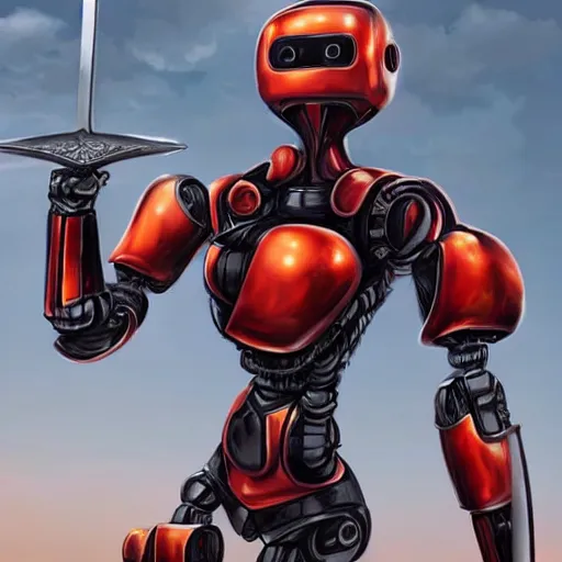 Prompt: a hyperrealistic magnificent robot holding a powerful sword, most beautiful image ever created, emotionally evocative, greatest art ever made, lifetime achievement magnum opus masterpiece, the most amazing breathtaking image with the deepest message ever painted, a thing of beauty beyond imagination or words