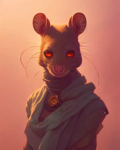 Image similar to highly detailed vfx portrait of a rat, unreal engine, greg rutkowski, loish, rhads, beeple, makoto shinkai and lois van baarle, ilya kuvshinov, rossdraws, tom bagshaw, alphonse mucha, global illumination, detailed and intricate environment