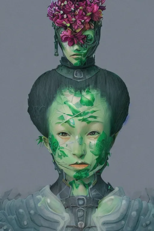 Image similar to portrait of beautiful young mainem, warhammer, japaneese style, cyber armor, a lot of more scars, more and more flowers, green head, the middle ages, highly detailed, artstation, illustration, art by rene magritte, 8 k quality