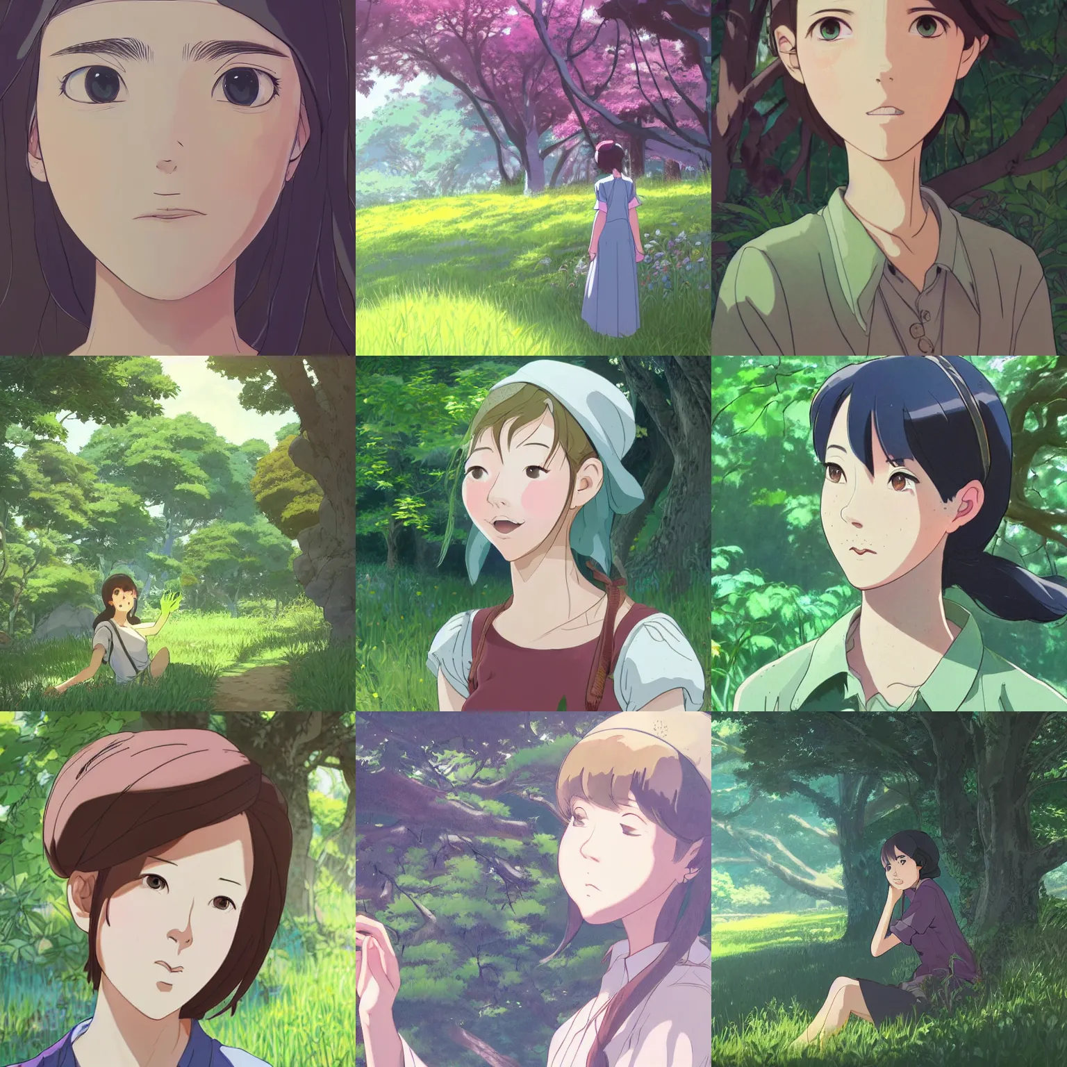 Prompt: Character portrait of a young woman in a lush park, cartoonish facial features, expressive eyes, highly detailed, cel shading, Studio Ghibli still, by Makoto Shinkai and Akihiko Yoshida