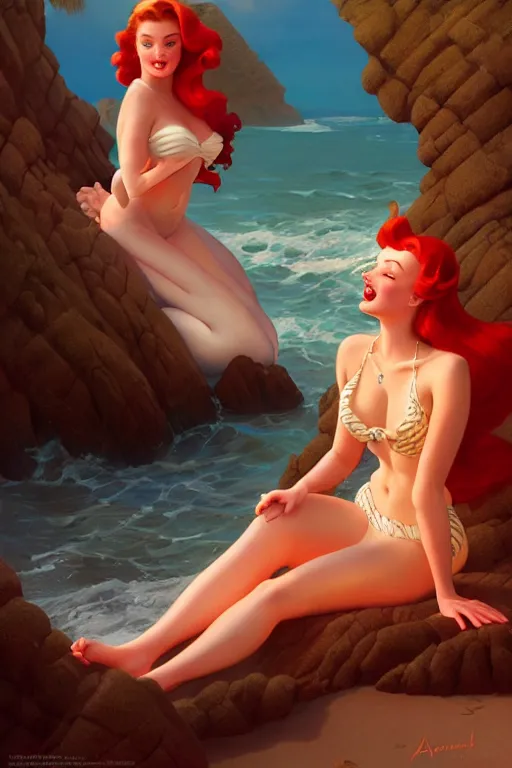 Image similar to sophie turner as the little mermaid on the sunset beach by Gil Elvgren Stanley Artgerm Lau, WLOP, James Jean, Andrei Riabovitchev, Marc Simonetti, Yoshitaka Amano, ArtStation, CGSociety, cinematic lighting, shining eyes, art nouveau