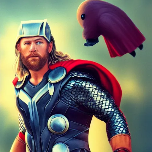 Prompt: thor holding a duck, detailed face, digital art, trending on artstation