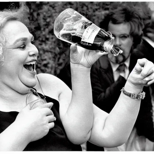 Image similar to 3 5 mm photo of raucous drunk boisterous loud portly french comedienne tippi pupu holding a drink and barking at a crowd, cannes 1 9 7 8