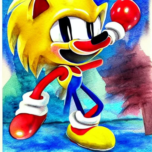 Image similar to Sonic in the style of Mario, with a mustache, beautiful watercolor art drawing, in the style of artist Simon Stalenhag s-90 - C 7