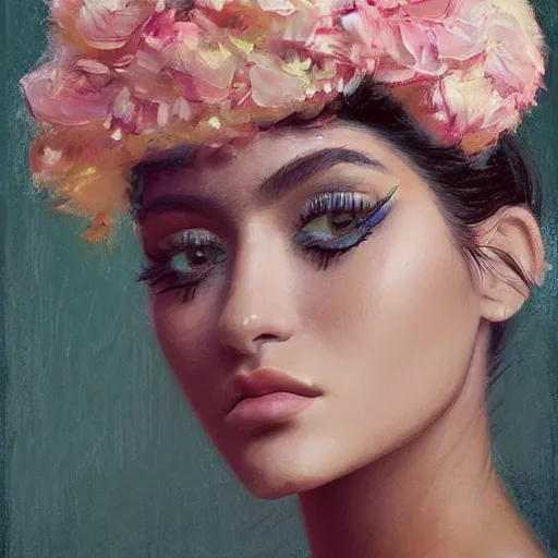 Image similar to happy very thick paint brush strokes paint texture full body fashion model kylie jenner by Jeremy Lipking by Hasui Kawase by Richard Schmid (((smokey eyes makeup eye shadow fantasy, glow, shimmer as victorian woman in a long white frilly lace dress and a large white hat having tea in a sunroom filled with flowers, roses and lush fern flowers ,intricate, night, highly detailed, dramatic lighting))) , high quality