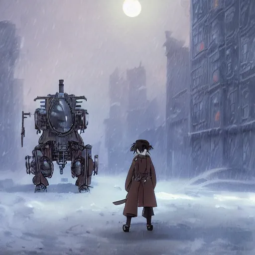 Image similar to a steampunk mech walking through a blizzard in a snowy waste land, studio ghibli, anime, extremely detailed, foggy, moonlight,