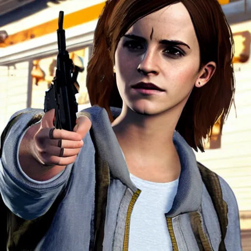 Image similar to Screenshot of Emma Watson holding a pistol in GTA 5