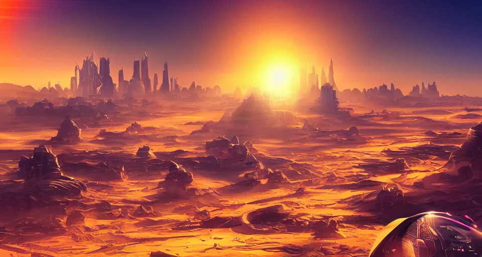 Prompt: Sci-fi landscape of a desert with two suns suns in the sky and futuristic city in the background, orange and purple colors, cinematic, science-fiction art wallpaper, stunning digital art