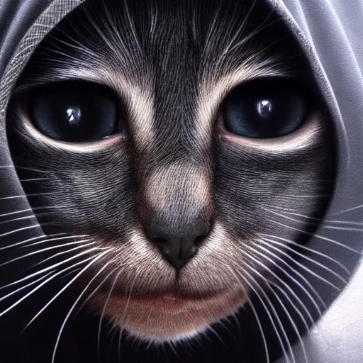 Image similar to a portrait of a kitten wearing a black hood, cloak covering face, anatomically correct, beautiful perfect face, enigmatic, oil painting, matte, black background, Volumetric dynamic lighting, Highly Detailed, Cinematic Lighting, Unreal Engine, 8k, HD, by Beksinski