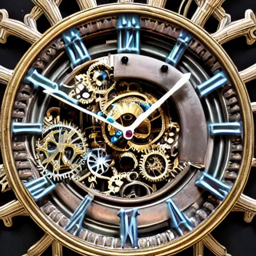 Image similar to a close up of a clock with many gears, a flemish baroque by takashi murakami, behance, kinetic art, steampunk, skeuomorphic, made of liquid metal