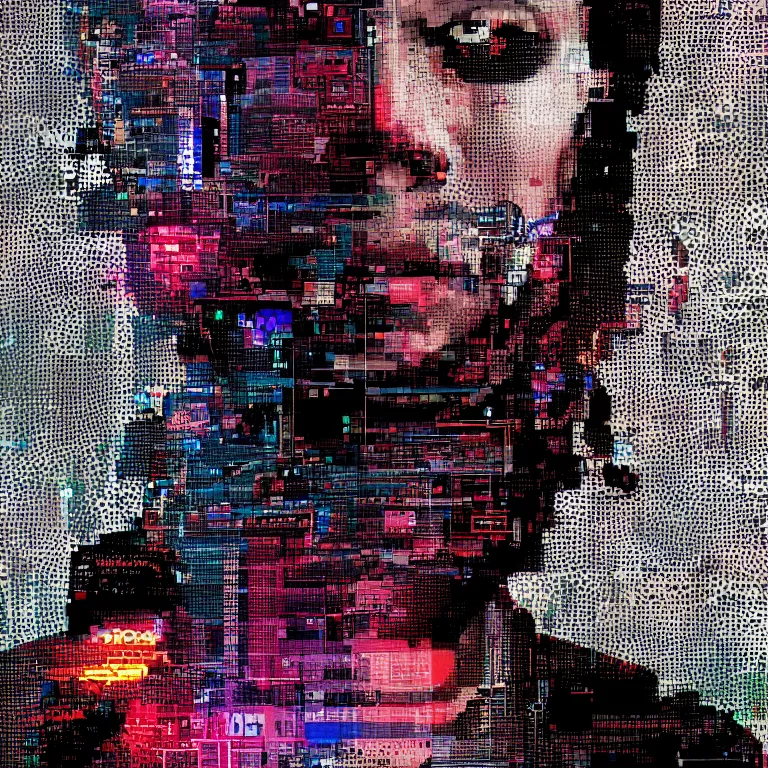 Image similar to Glitch-art portrait of cool cyberpunk hacker in style of John Nelson, realistic