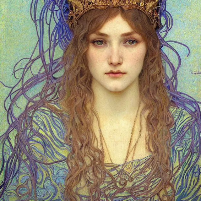 Image similar to detailed realistic beautiful young medieval queen face portrait by jean delville, alphonse mucha, vincent van gogh, and marco mazzoni, art nouveau, symbolist, visionary, gothic, pre - raphaelite