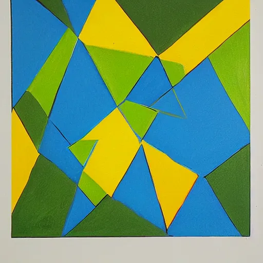 Image similar to painting of rectangle, triangle shapes ( blue, yellow, green ) divided by black lines